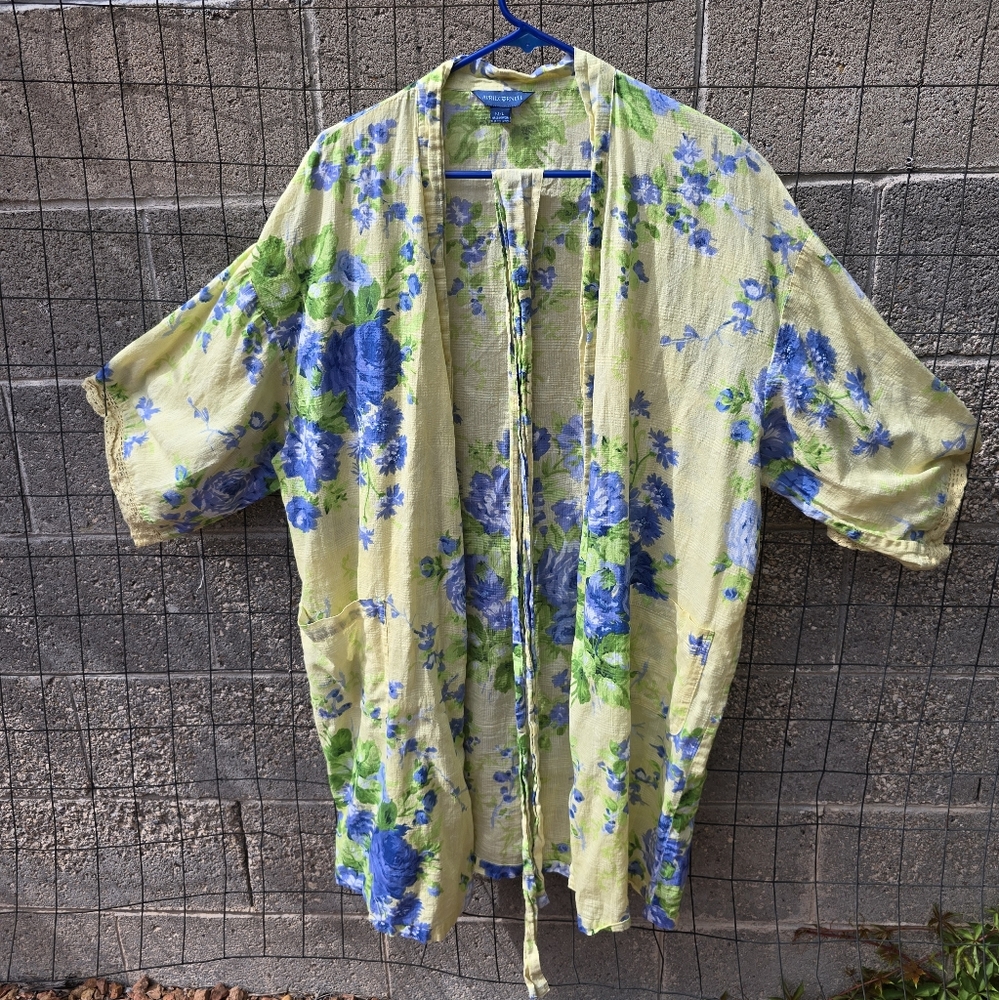 April Cornell Yellow Kimono with Green and Blue Floral Pattern